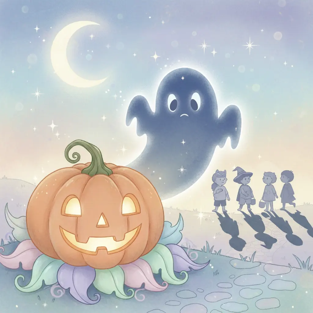 Niños pequeños observan sus sombras largas con asombro y un poco de miedo, mientras La Sombra Juguetona los observa tristemente.