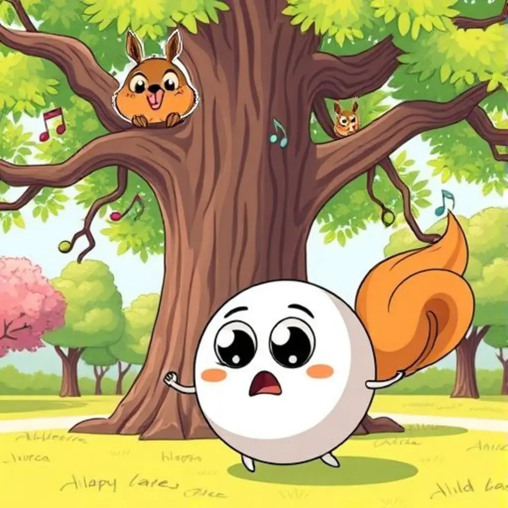 Rebotina rebota junto a un roble mientras Saltarín la observa desde una rama.