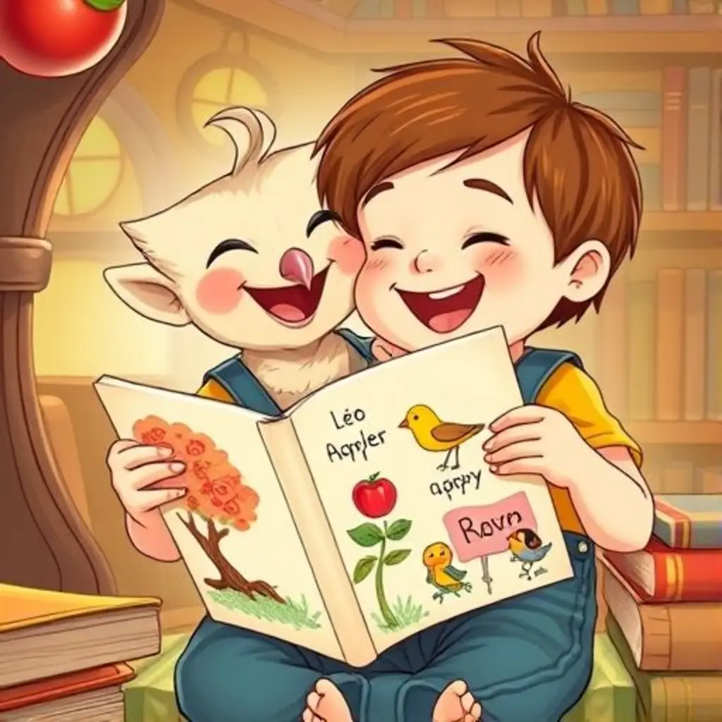 Leo ríe mientras abraza a Cuaderno, ahora lleno de dibujos y color.