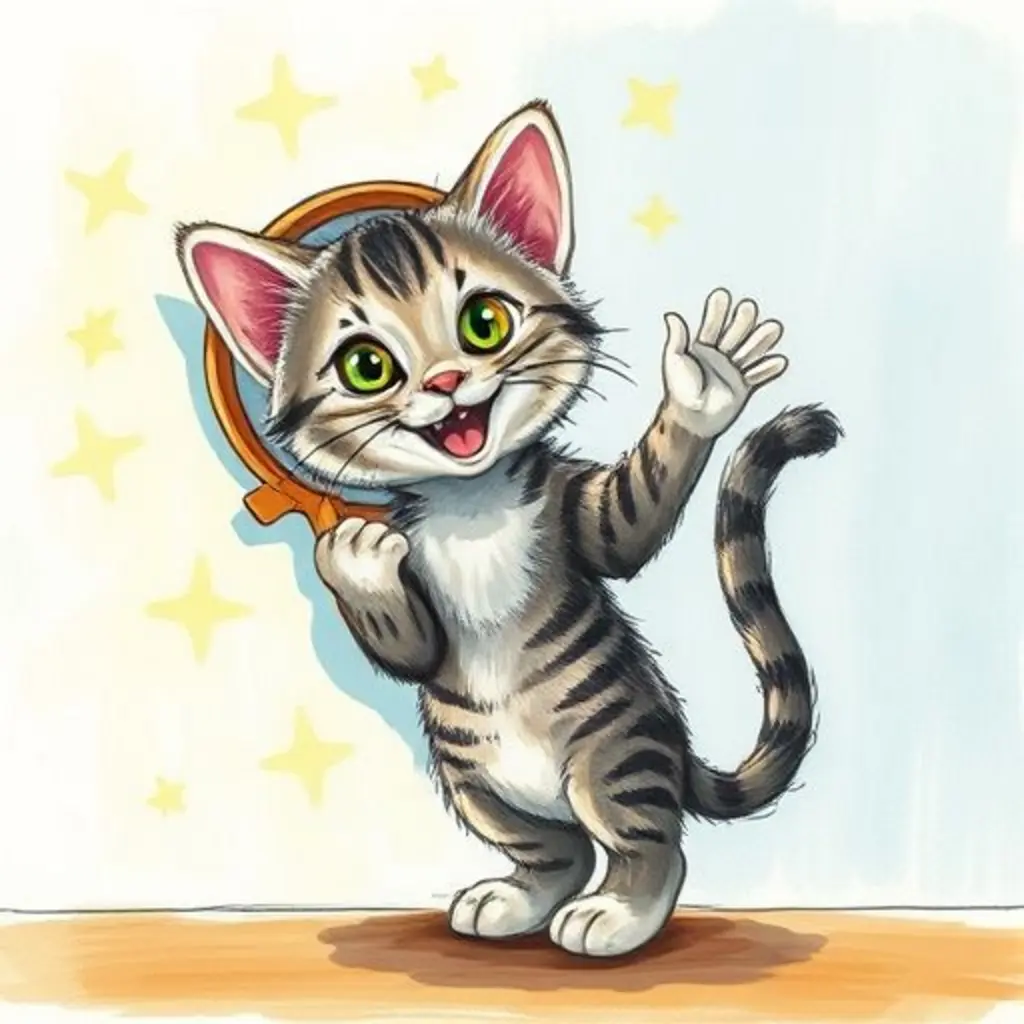 Espejito Reluciente proyecta luces para el gatito que maúlla de alegría.