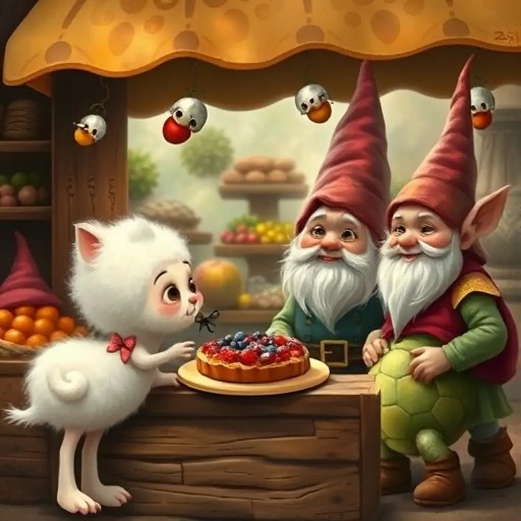 Podom y sus amigos reciben una tarta de nueve bayas de un amable gnomo, celebrando su trabajo en equipo.