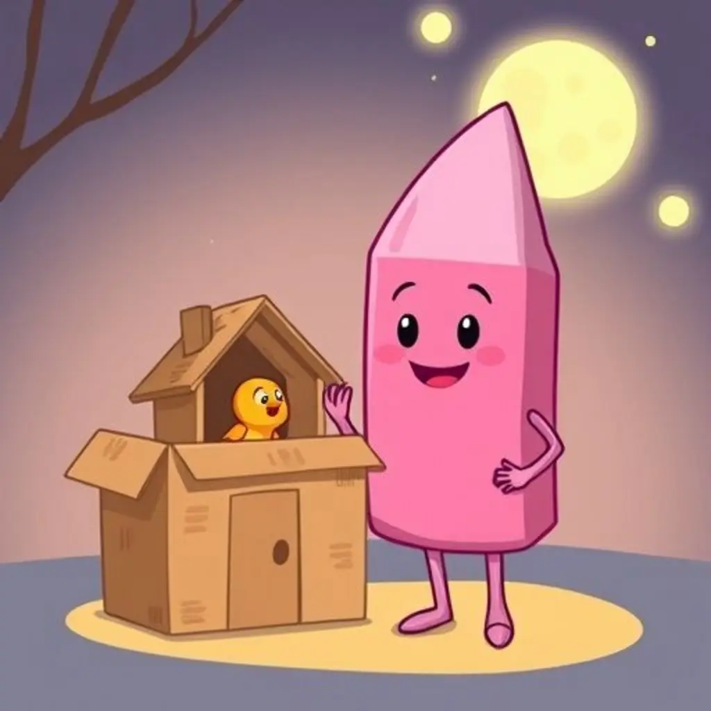 Gigi está orgullosa de la casita de cartón que ha creado con una puerta y una ventana, y un pajarito de juguete dentro.