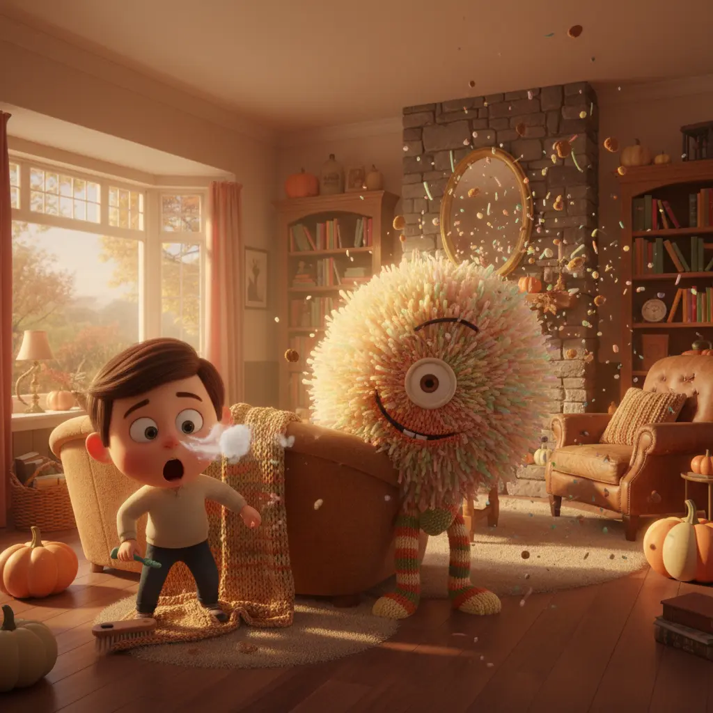Leo se asusta con el "¡Buu!" del monstruo de pelusa de Calcetín y estornuda confeti.