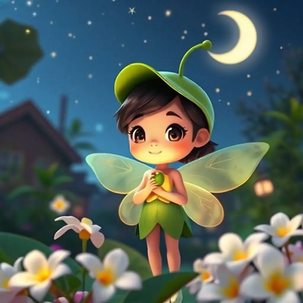 Nalu, una luciérnaga con un gorro de hoja, brilla suavemente en un huerto escolar nocturno lleno de flores y luz de luna.