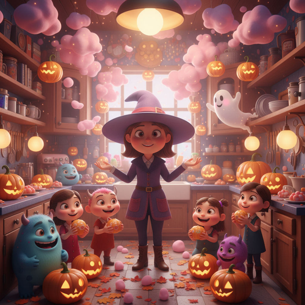 Lila, con su sombrero en su lugar y una sonrisa feliz, observa a los monstruitos y niños disfrutando de las nubes de malvavisco en su cocina llena de un cálido brillo rosado.