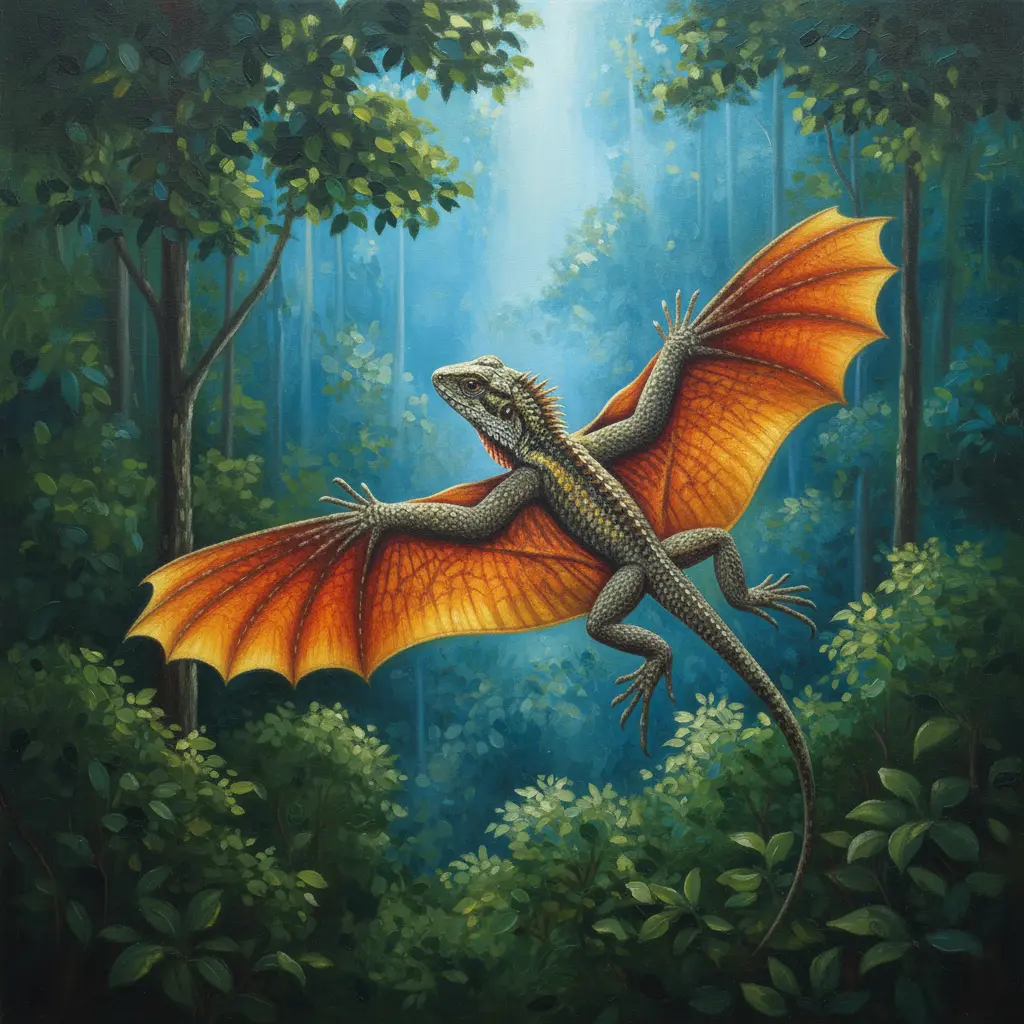 El lagarto saltando por el aire con sus costillas abiertas como alas de color naranja brillante.