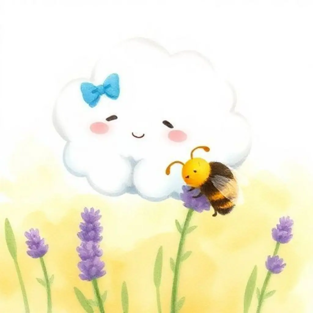 Nimbus flotando cerca de una abejita dormida en una flor de lavanda en un campo soleado.