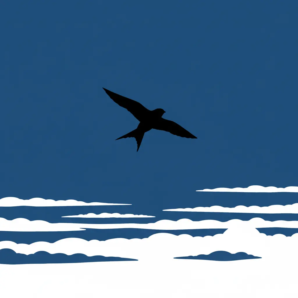 Un vencejo volando solitario por encima de las nubes en un cielo azul profundo.