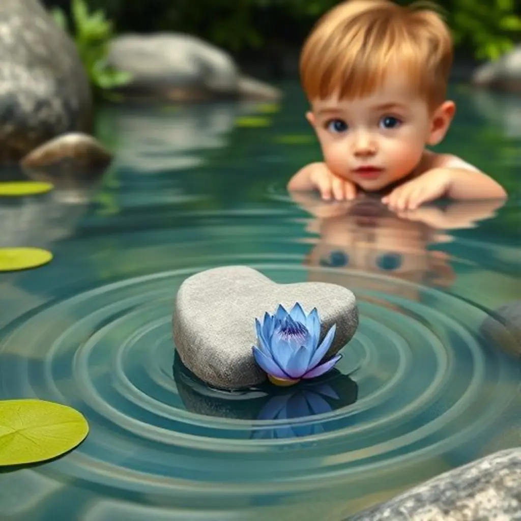La piedra Corazón de Río saltando en el agua y un nenúfar azul floreciendo.