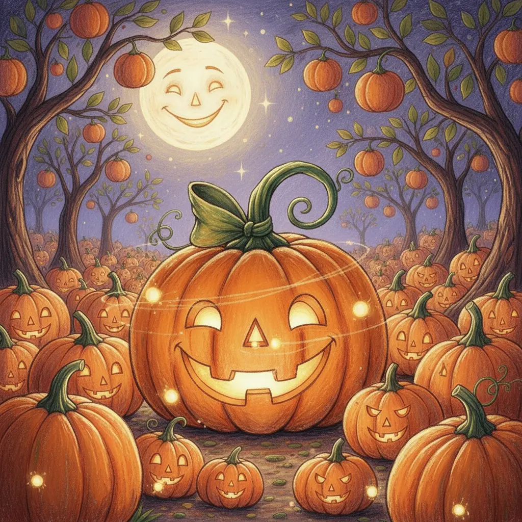 Calambín sonríe feliz mientras sus amigas calabazas bailan lentamente, iluminadas por el brillo mágico de las luciérnagas bajo la luna.