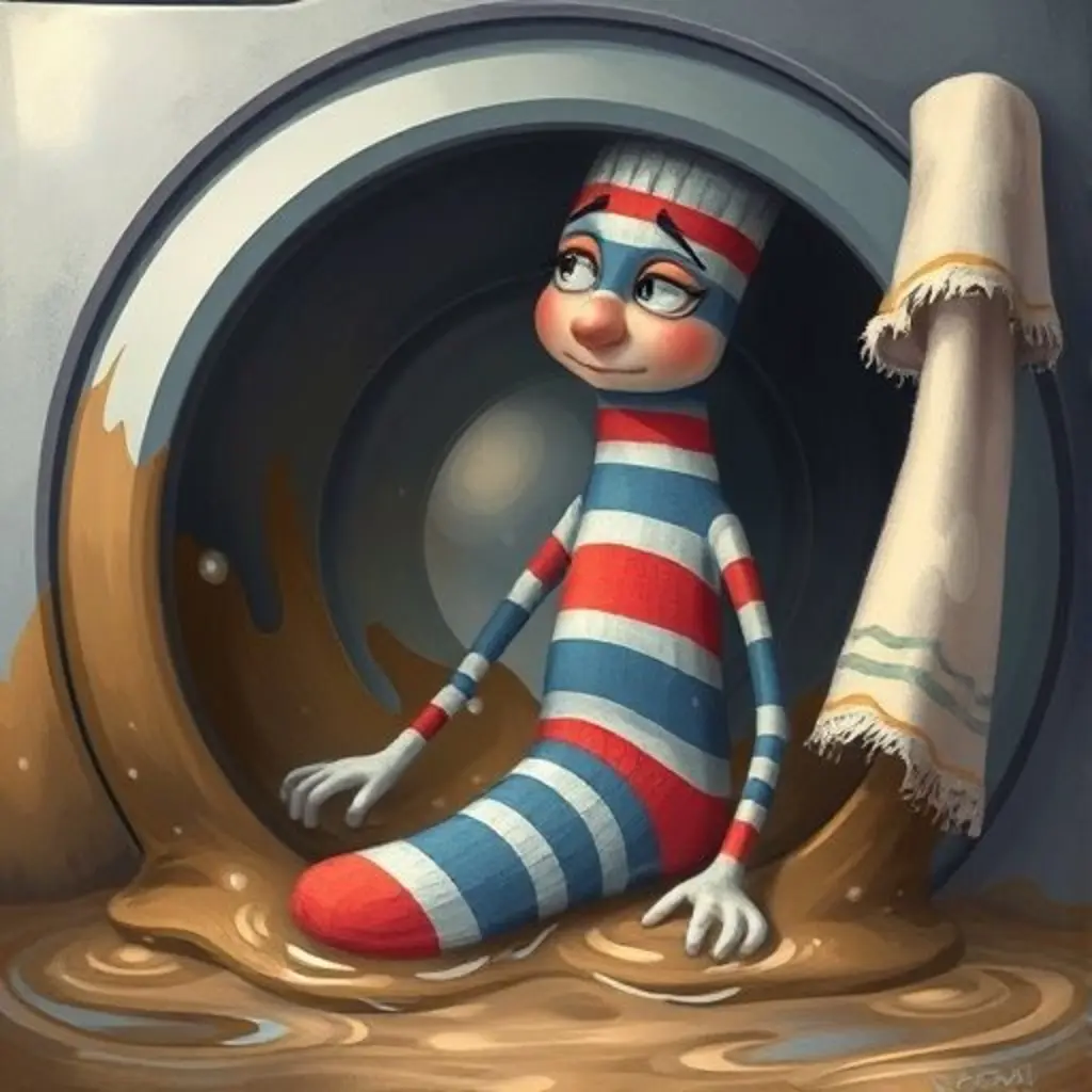 Rayas intenta limpiar el agua con su arcoíris, pero el barro lo absorbe. Un paño de cocina, Suave, se acerca.