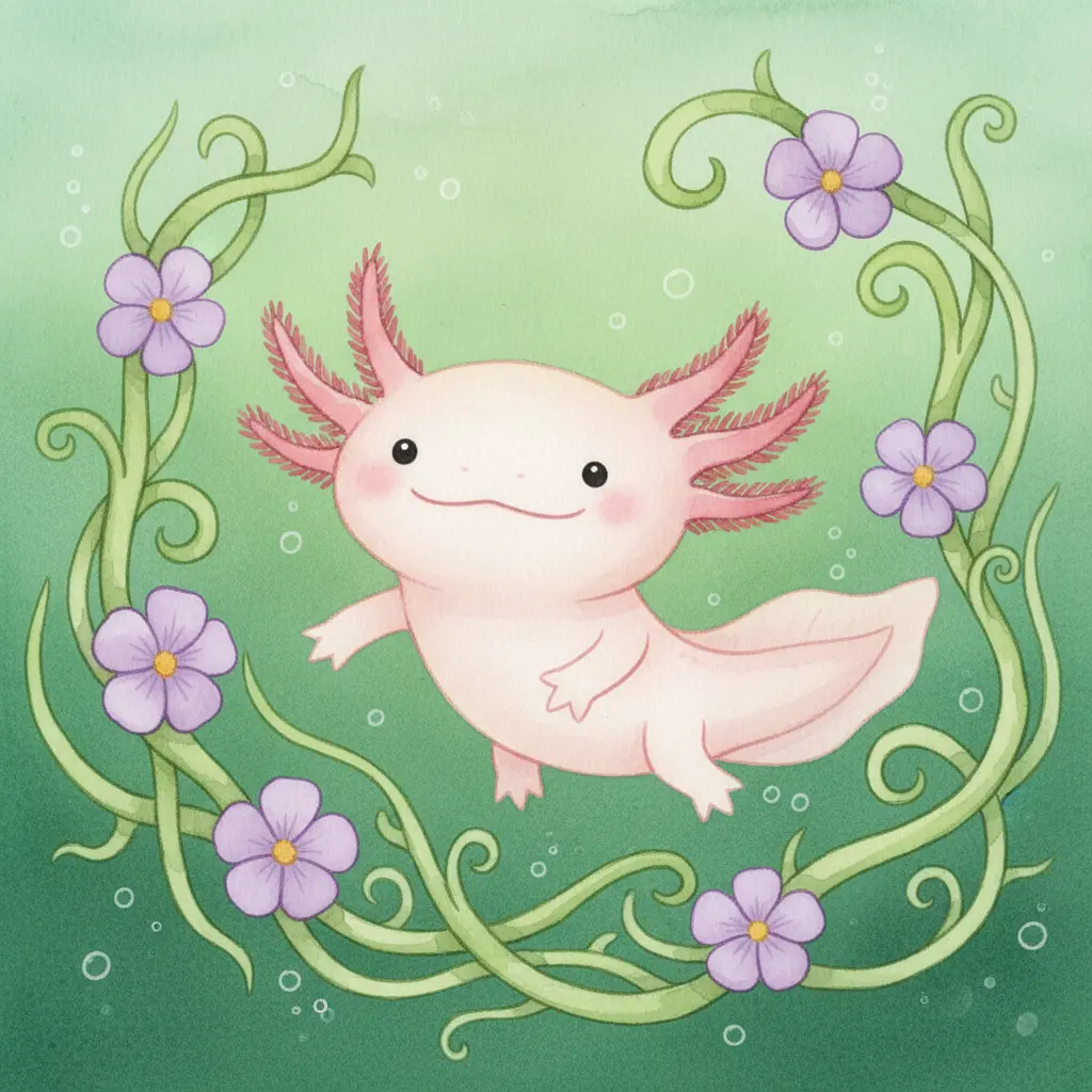 Un ajolote rosa completo nadando sonriente entre raíces y flores.