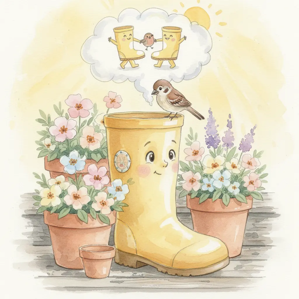 Charquito la bota y el petirrojo son amigos, y una nube muestra su alegría.