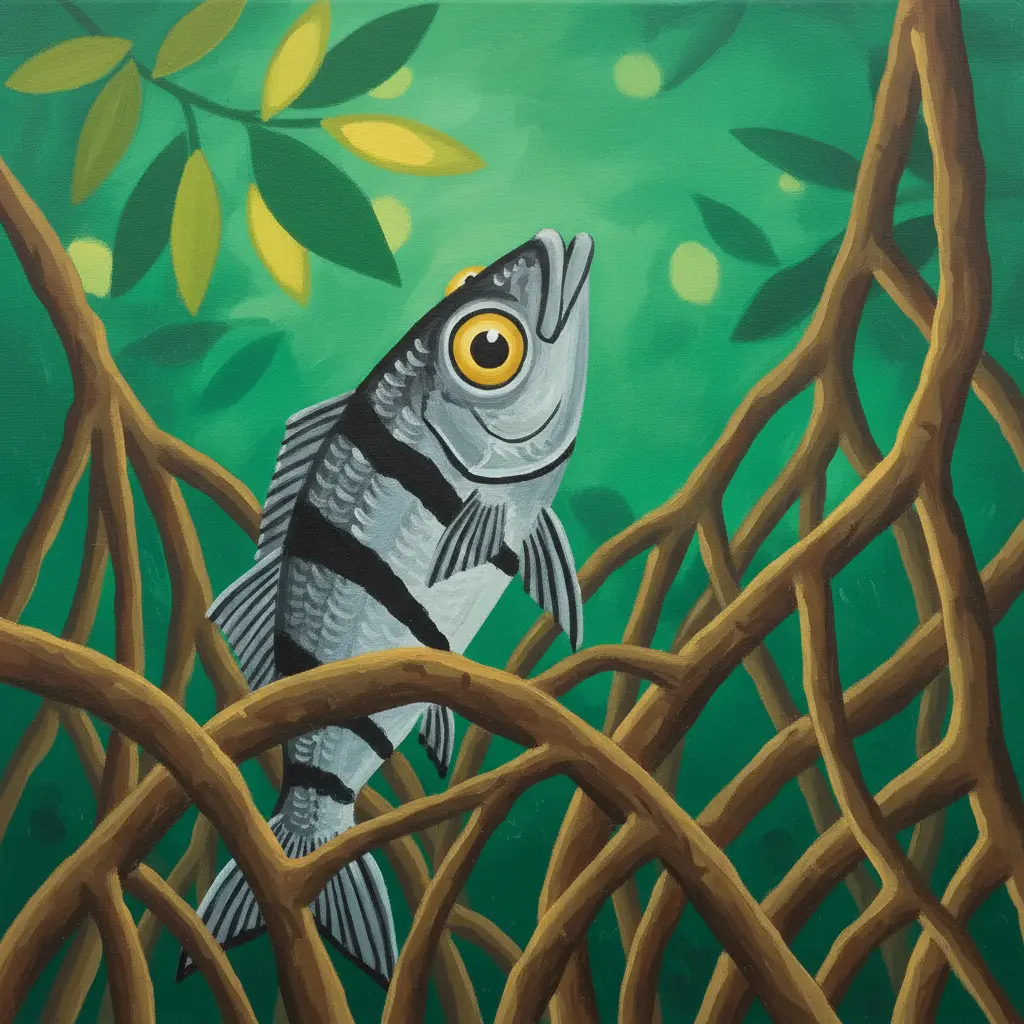 Un pez plateado con rayas negras nada entre raíces de manglar en agua verde.