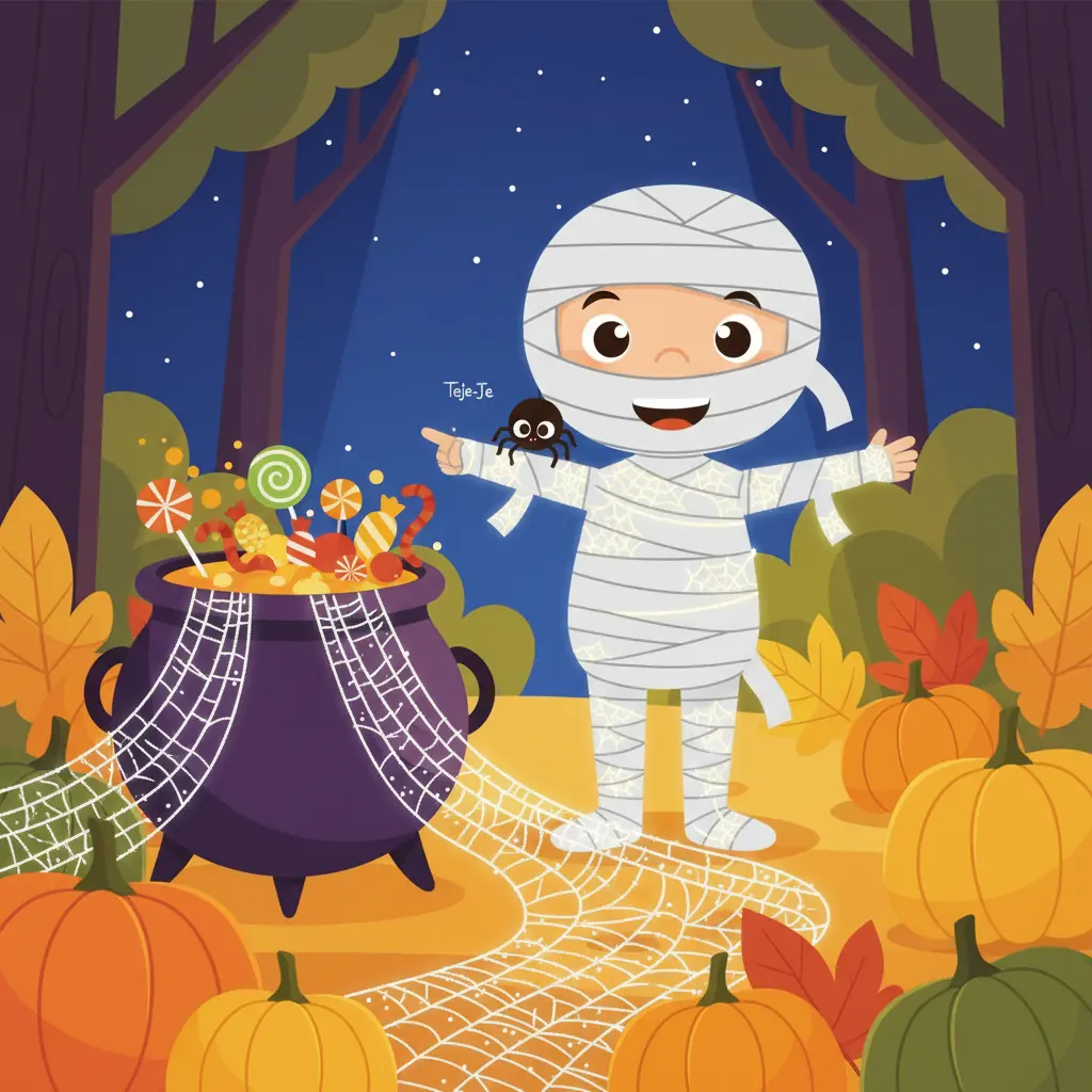 Enredito, con sus nuevas vendas brillantes, y Teje-Teje, la arañita, celebran junto a un caldero lleno de dulces bajo un cielo estrellado, felices y como mejores amigas.