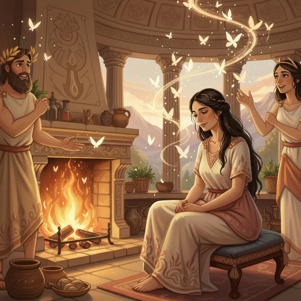 Mariposas de Recuerdos Felices revoloteando alrededor de los dioses, quienes sonríen con nostalgia.