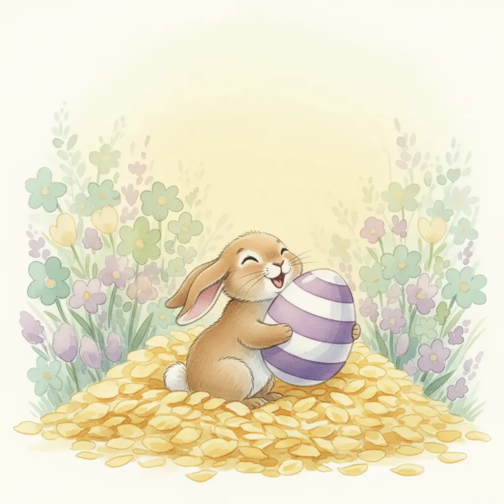 La conejita abraza su huevo a salvo sobre los pétalos.