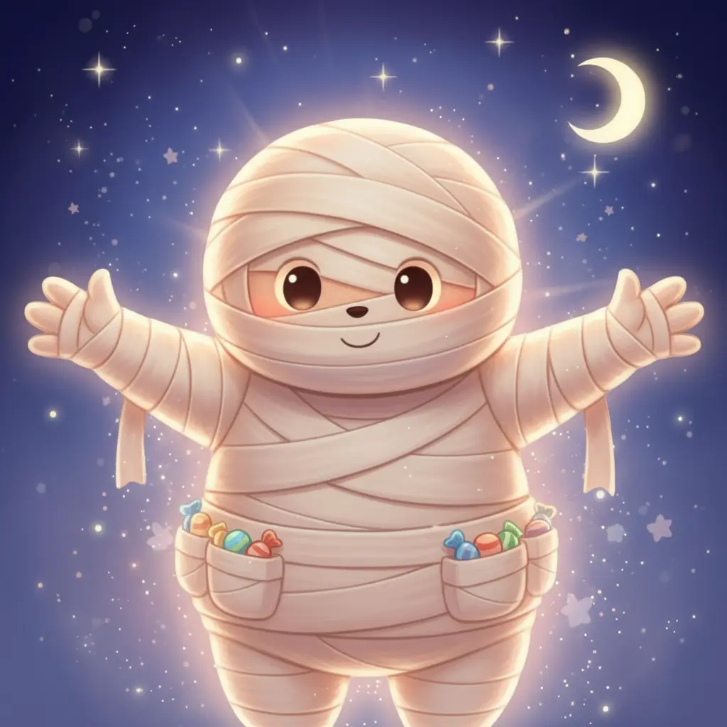 Momia Mimosín felizmente dando un gran abrazo, con sus vendas atadas en un cinturón de abrazos con bolsillos para los dulces.