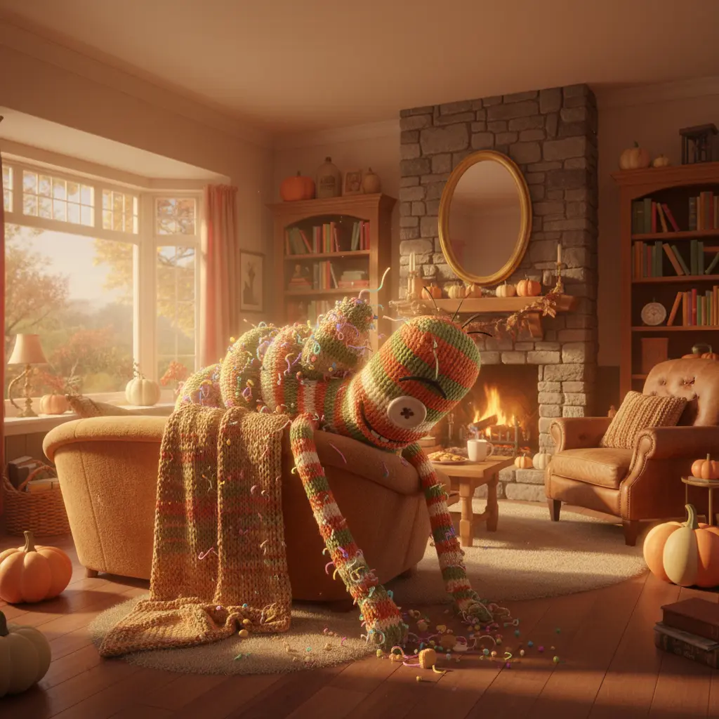 Calcetín Descarado recogiendo migas e hilos para crear su disfraz de monstruo de pelusa.