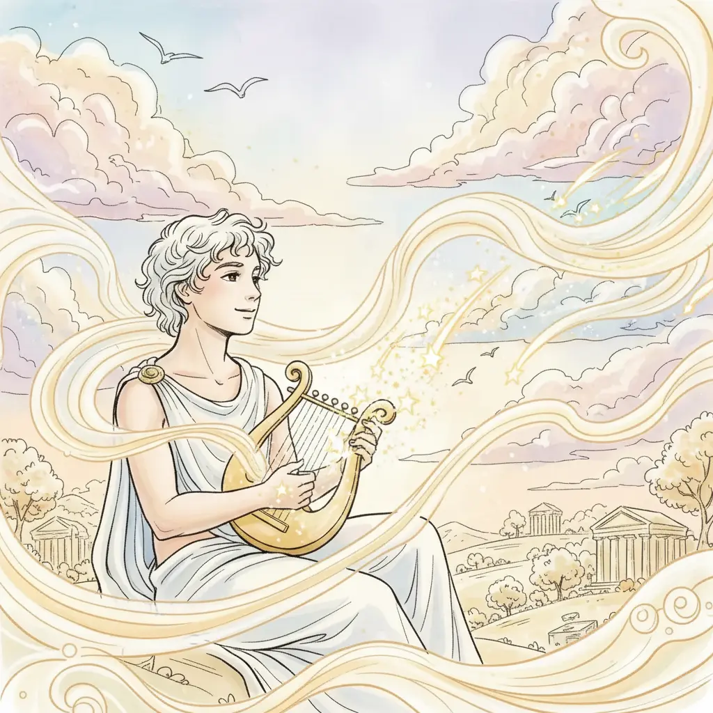 Cada nota de la lira se convierte en una estrella fugaz, invitando a las nubes a bailar.