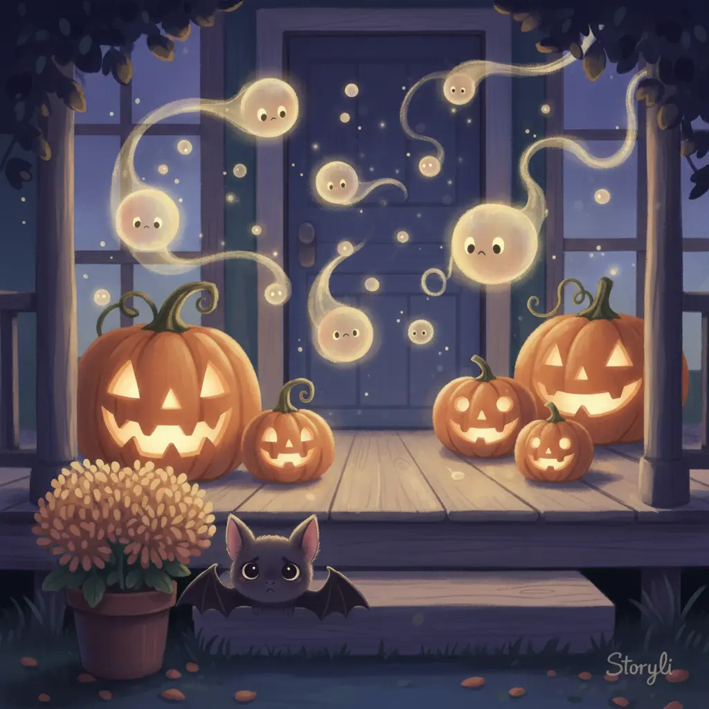 Calabazas talladas brillando en un porche mientras los Soplidos de Calabaza flotan pensativos.