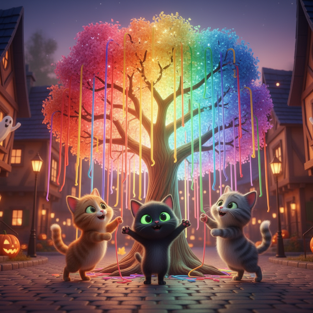 Carboncito y sus amigos gatos jugando felices con las lanas de colores en el árbol arcoíris, bajo una noche de Halloween cálida y luminosa.