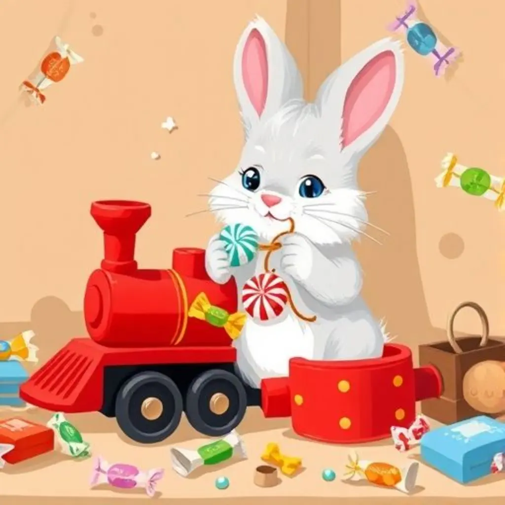 Pelusa y el tren de juguete juntos en un rincón, rodeados de tesoros, formando un museo secreto.