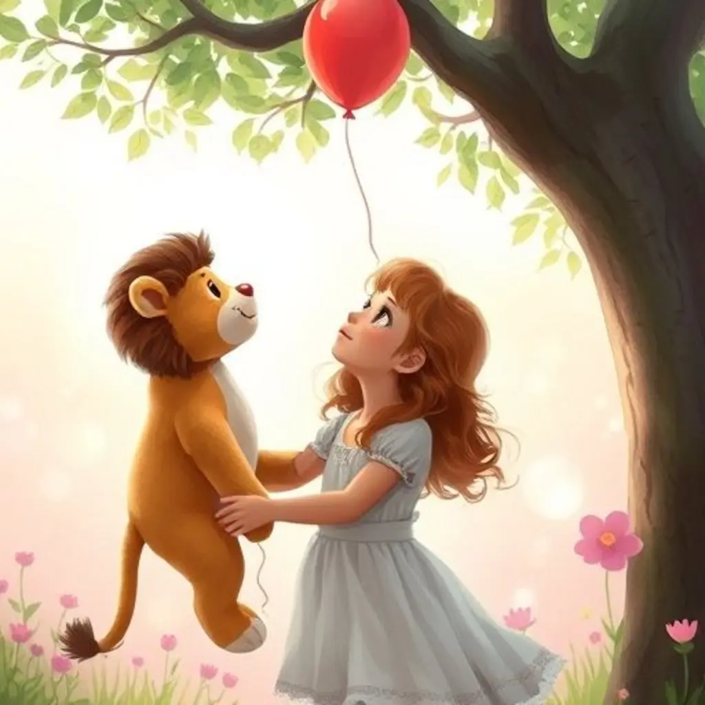 Sofía y Leo el león de peluche intentando alcanzar un globo rojo atascado en un árbol.