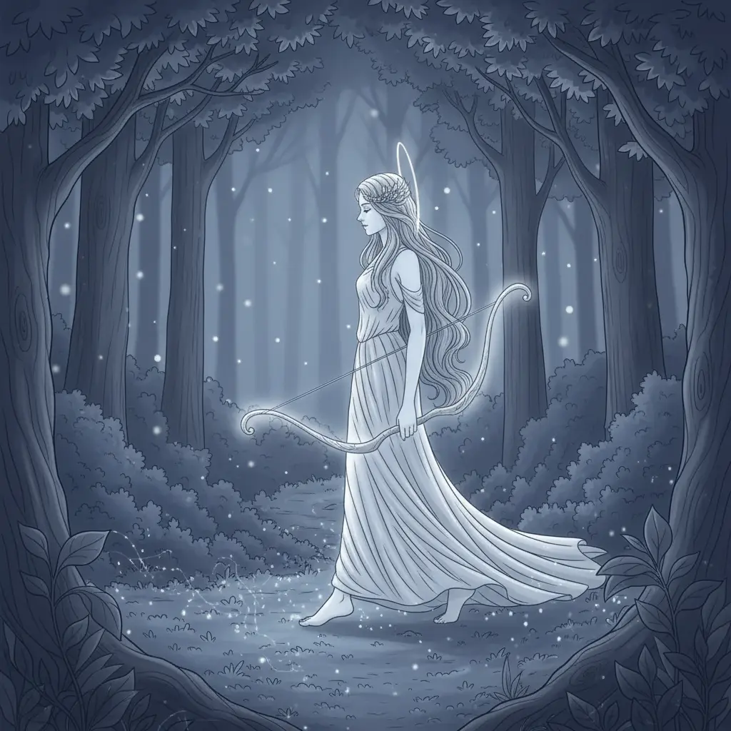 Artemisa camina descalza por un sendero oscuro en el bosque, mientras luciérnagas comienzan a brillar a sus pies.