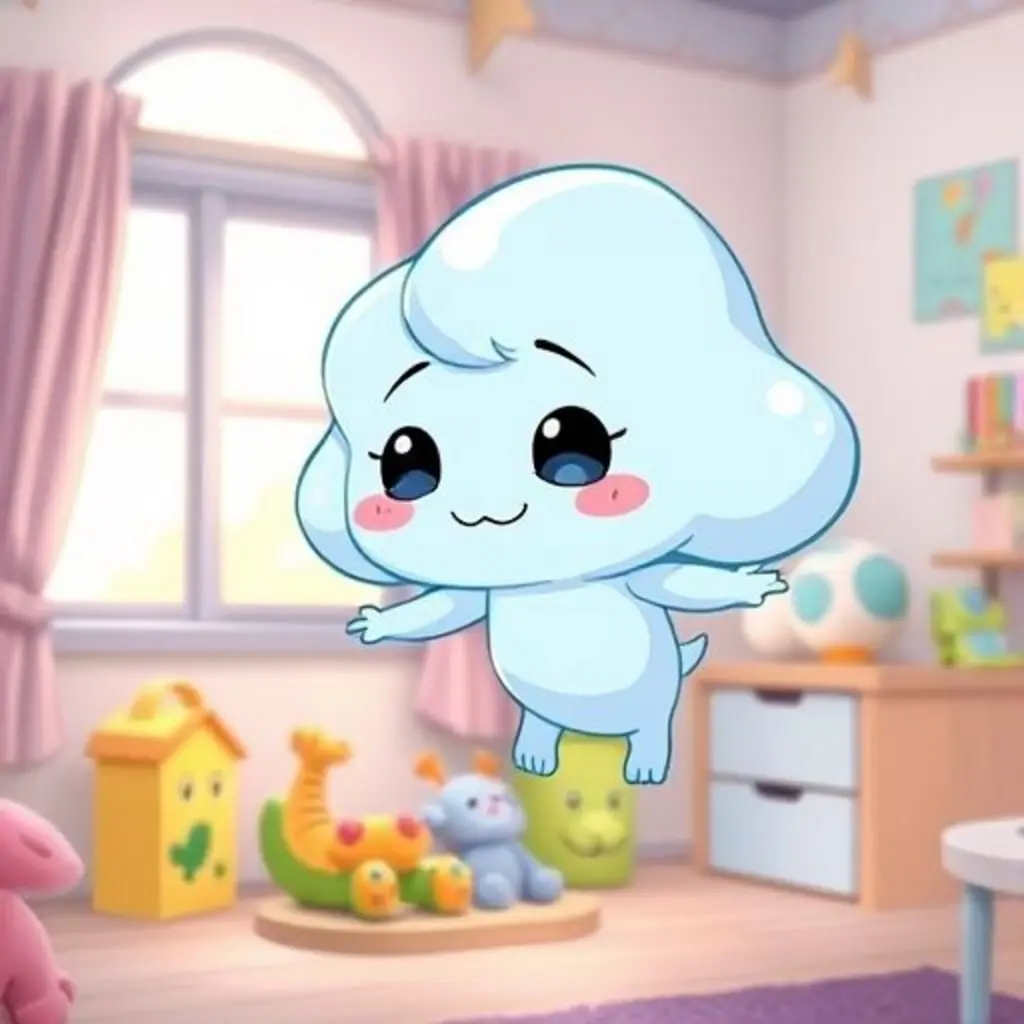 Suspirín, un pequeño suspiro azul, flota en una habitación con juguetes.