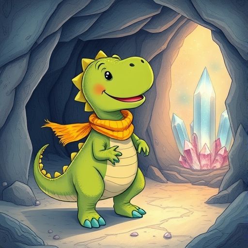 Dino sonríe feliz en la cueva, pensando en compartir su descubrimiento.