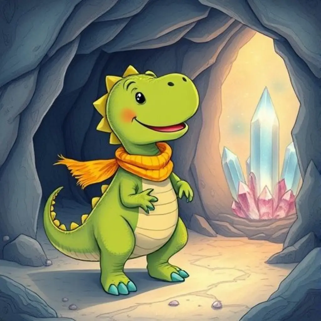 Dino sonríe feliz en la cueva, pensando en compartir su descubrimiento.