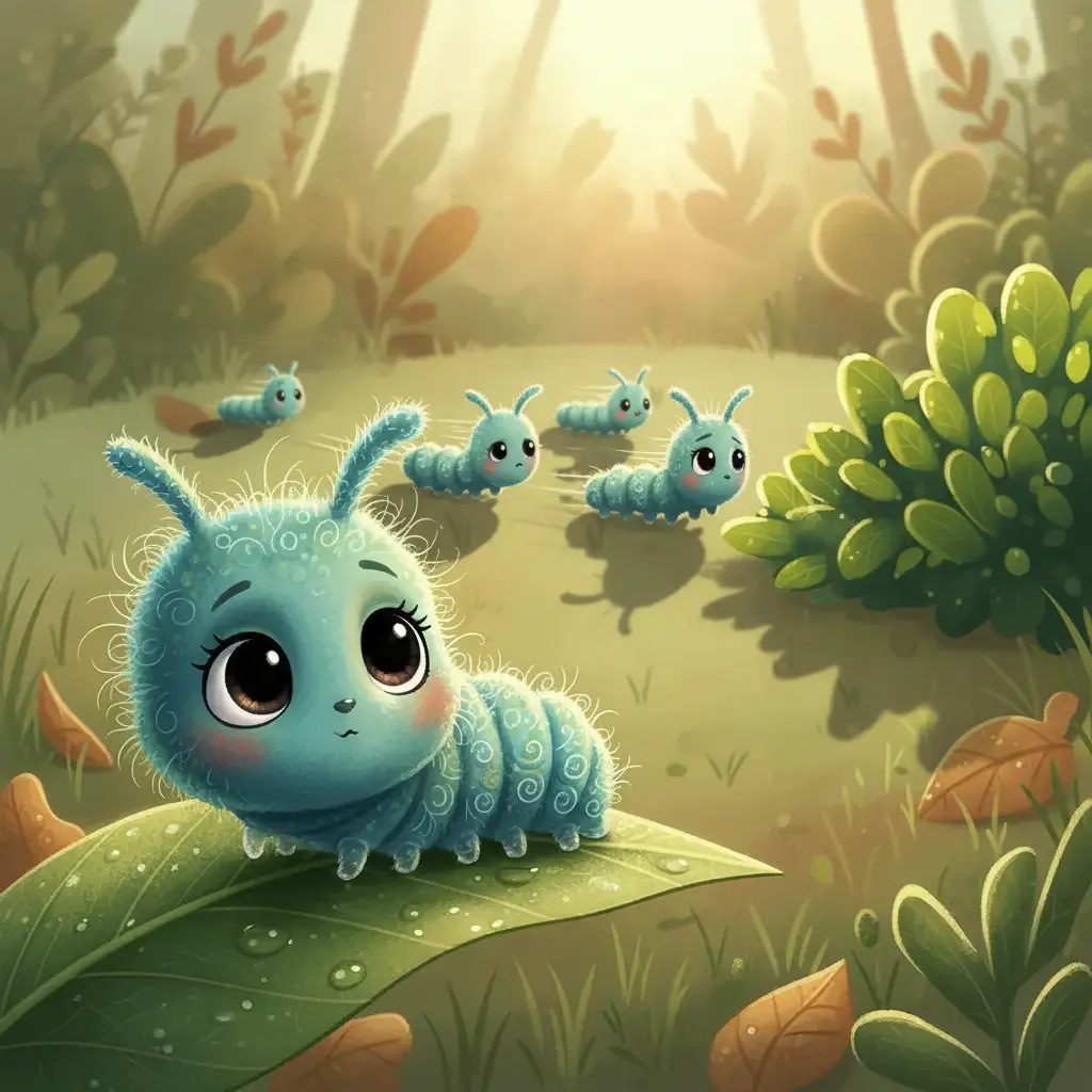 Rulitos, la oruga, moviéndose lentamente mientras otras orugas corren.