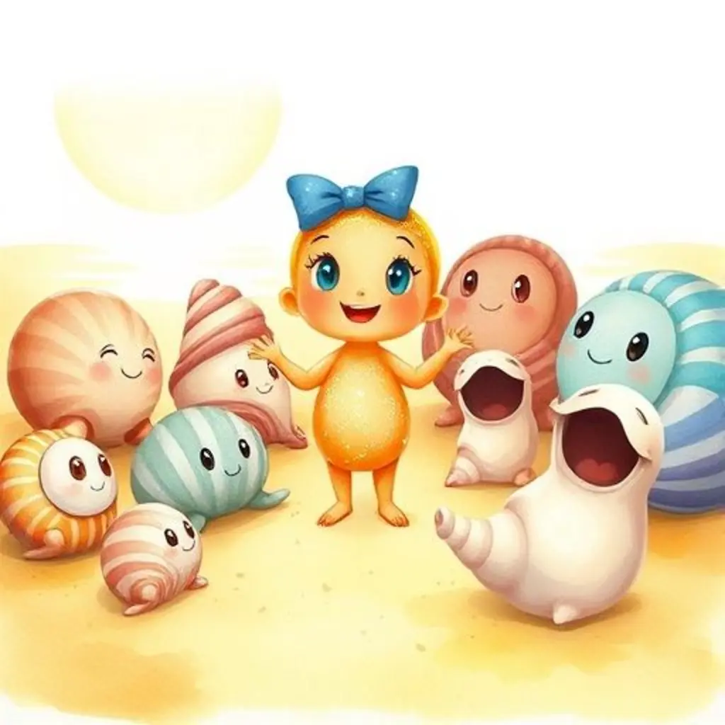 Arenita cuenta su divertida historia del cangrejo bailarín a sus amigos las conchas.