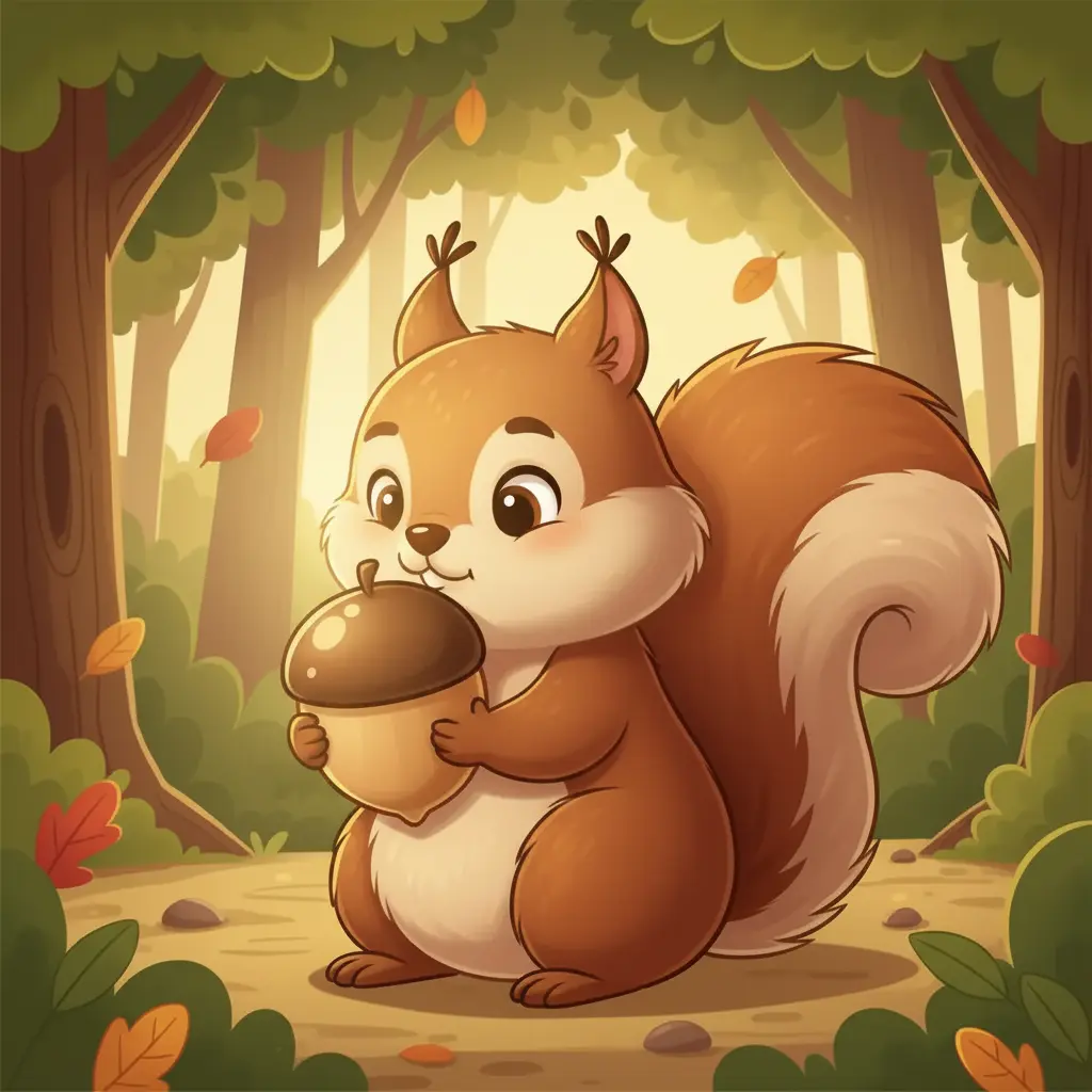 Pelusa la ardilla huele con curiosidad una bellota redonda y brillante.