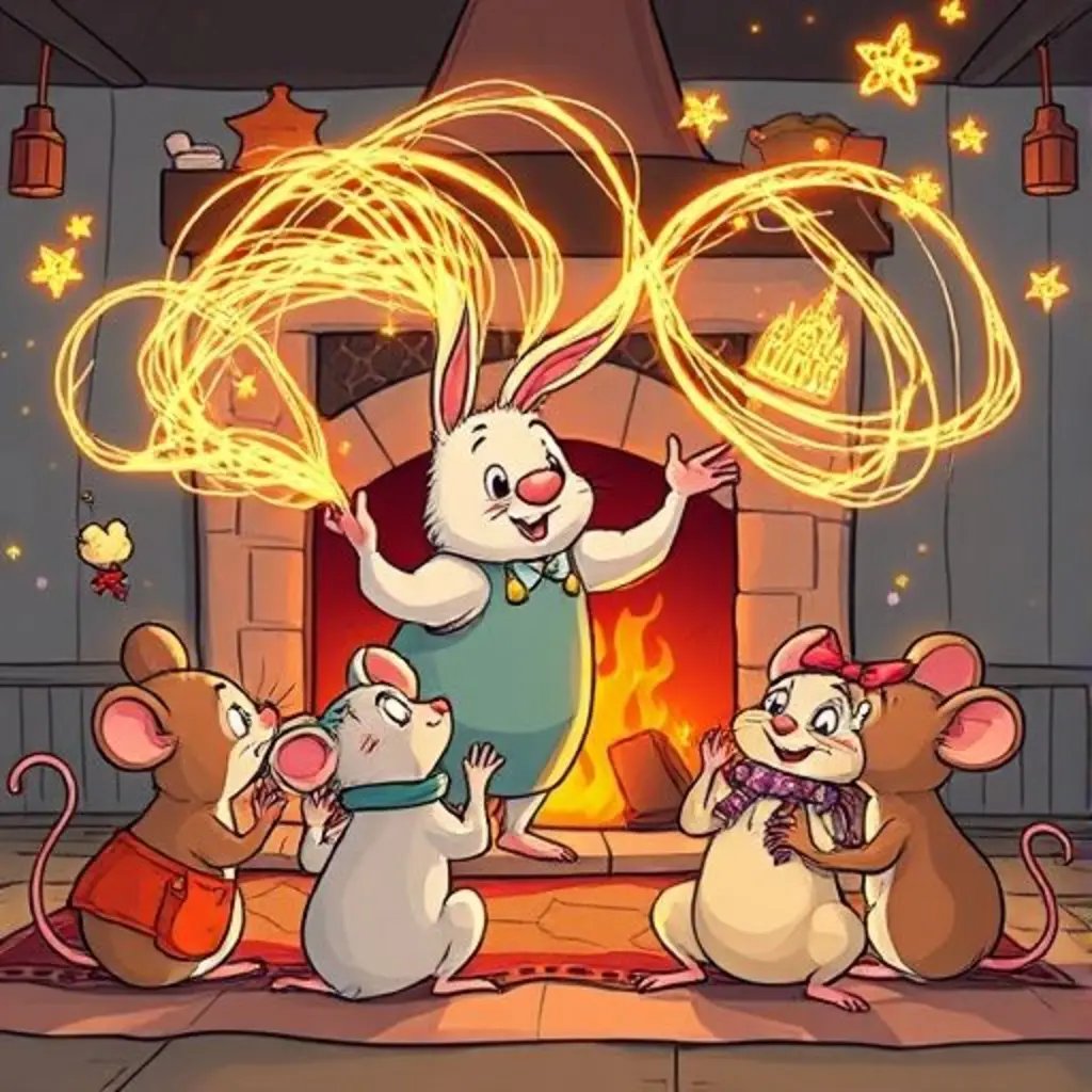 Ovillo Pelusa cuenta una historia con sus hilos danzarines a un grupo de ratoncitos entusiasmados.