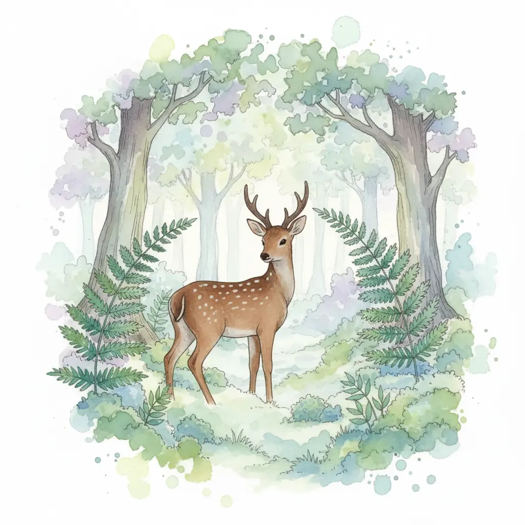 Un lomo moteado y dos pequeñas astas cubiertas de vello suave asoman en la penumbra del bosque.