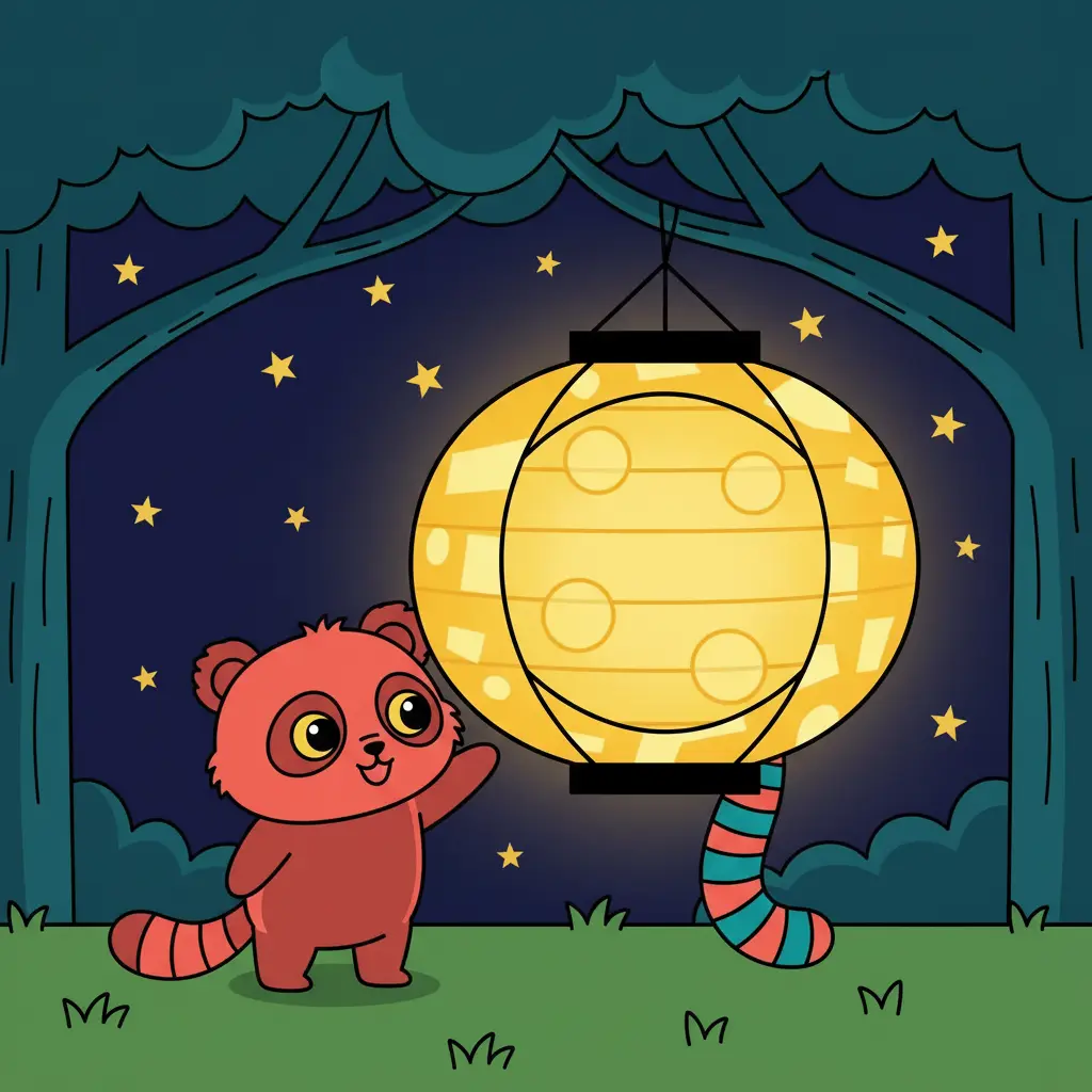 Rumi toca con su pata un farol de papel gigante y dorado que está en el suelo del bosque.