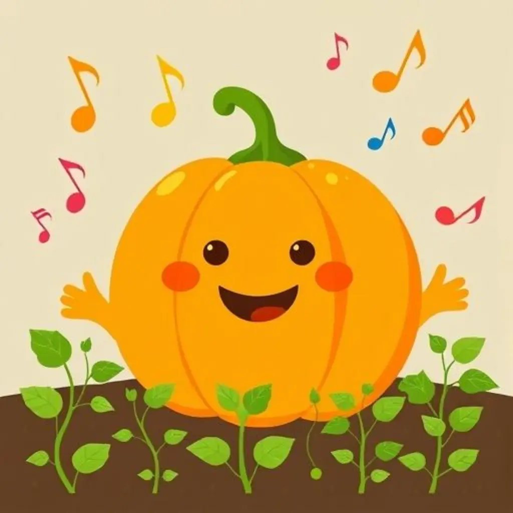 Calabacín Redondo está rodeado de plantas con notas musicales en el jardín.