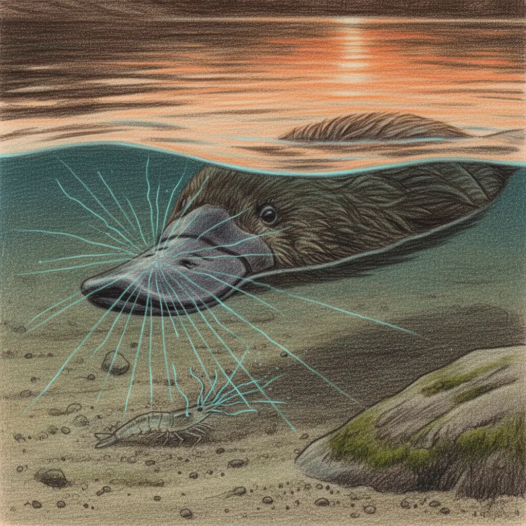 Primer plano del pico del ornitorrinco detectando la electricidad de un camarón bajo la arena.