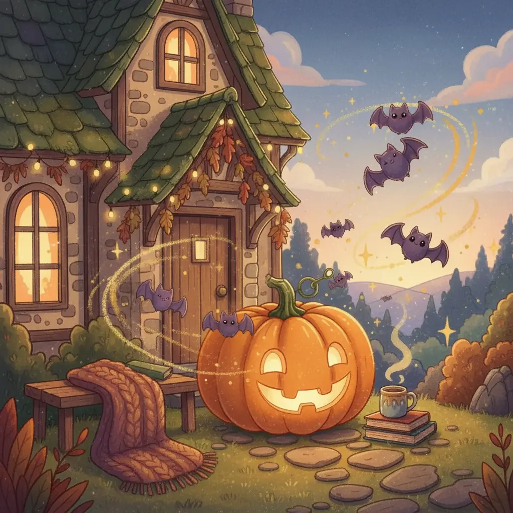 Un viento suave sopla hojas mientras murciélagos adorables se acercan volando a Calabaza Mimosa, uno aterrizando en su tallo.