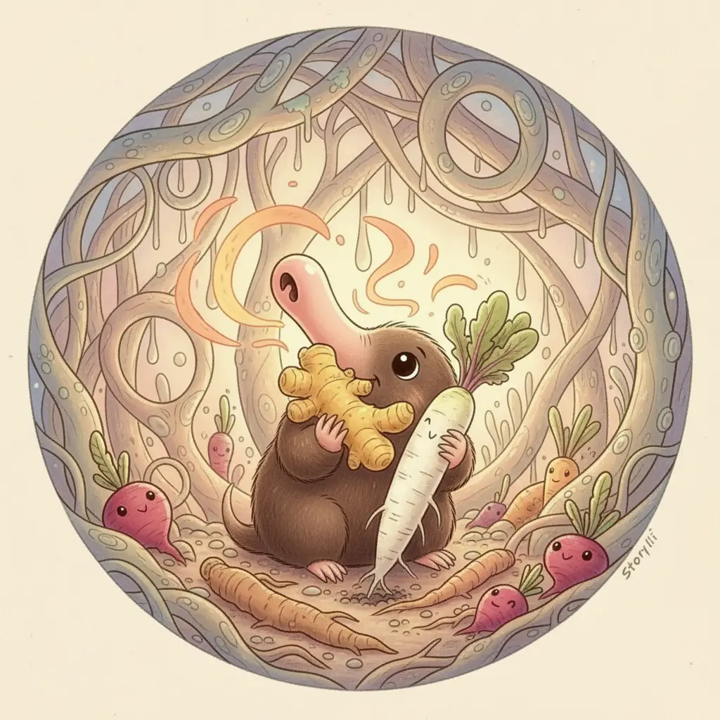 Blas organiza raíces en su jardín subterráneo, oliéndolas y tocándolas.