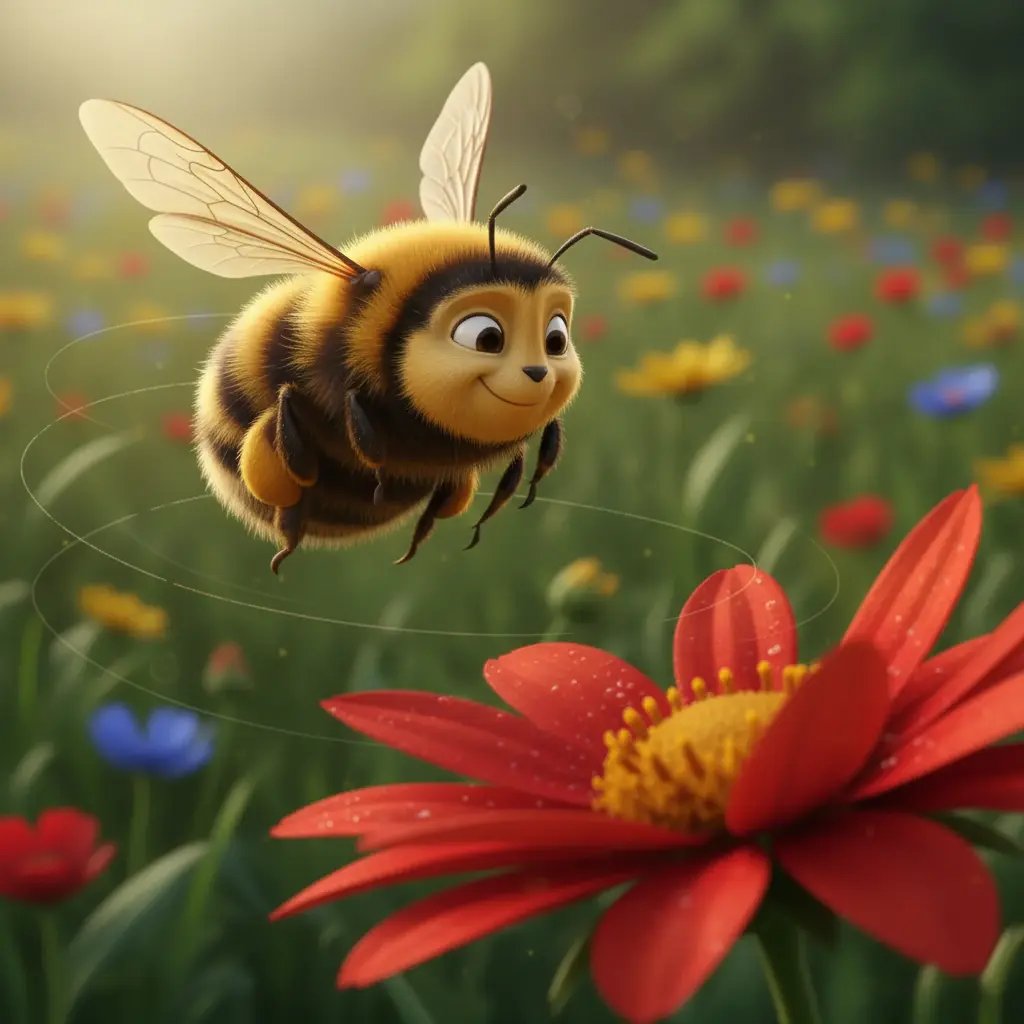 La abejita Zumbadora volando entre dos flores, bajo el sol.