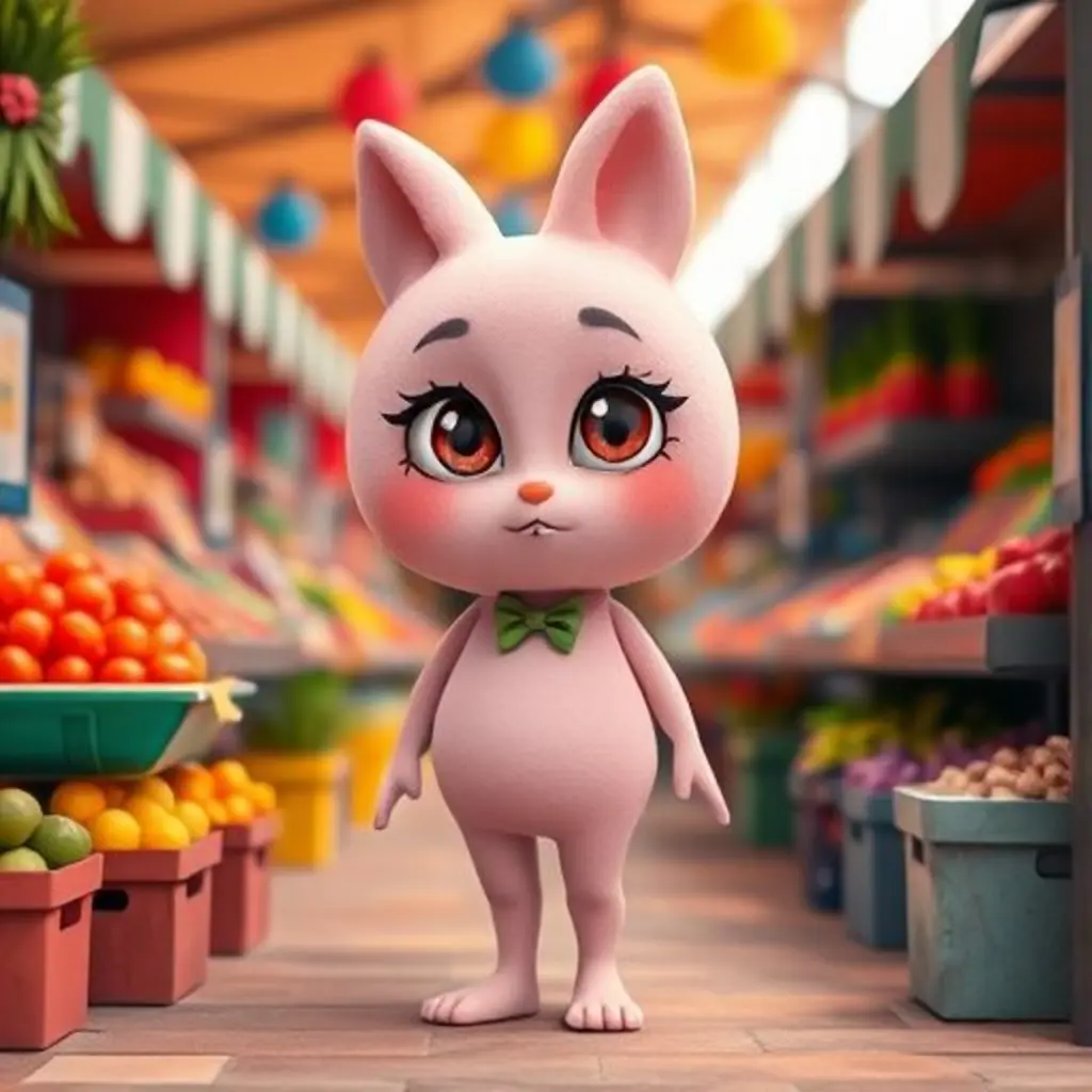 Borrina, una borradora mágica, mirando un mercado colorido con curiosidad tímida.