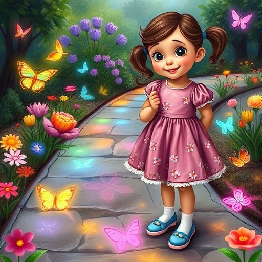 Sofía observa su jardín mágico de dibujos de tiza.
