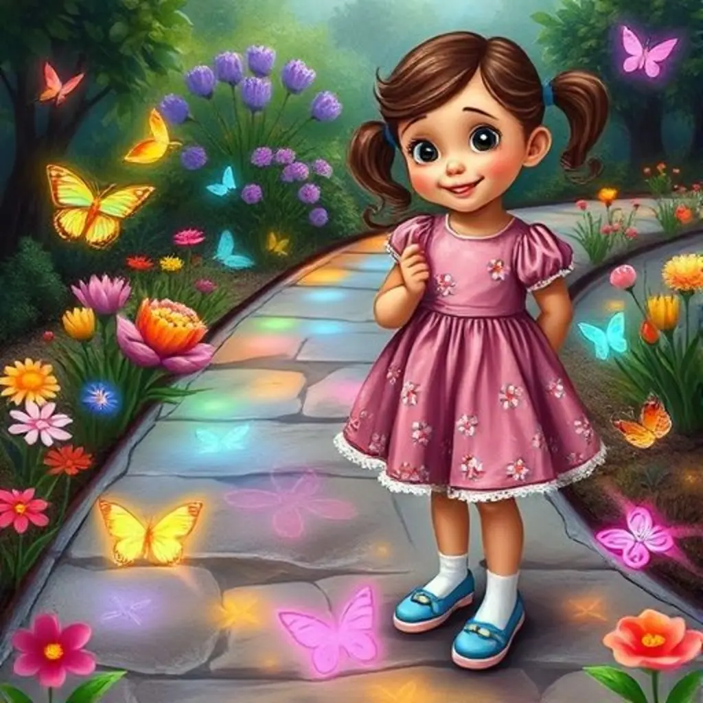 Sofía observa su jardín mágico de dibujos de tiza.