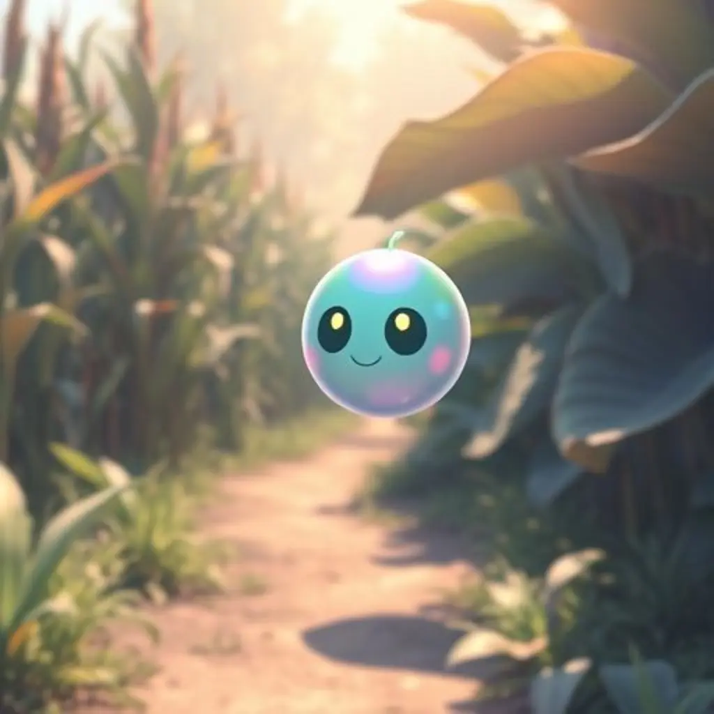 Silu flotando en una encrucijada del huerto, dudando qué camino tomar.