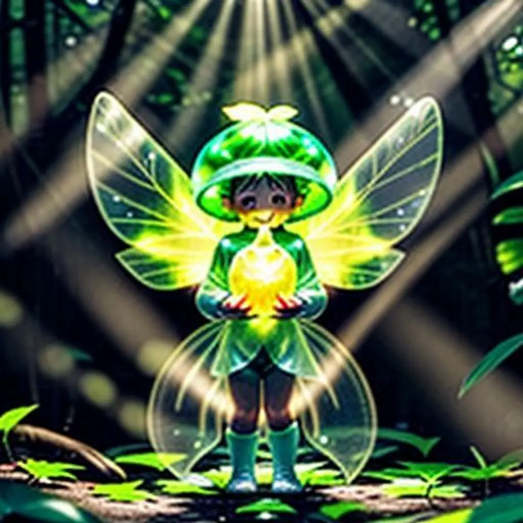 Pico, un pequeño duende brillante, encuentra algo que brilla en el bosque.