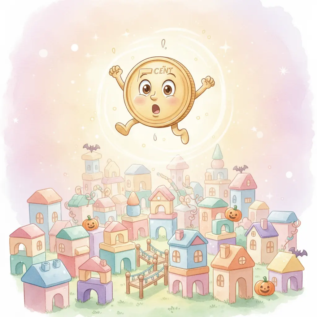 Centavito cayendo suavemente en una colorida ciudad secreta de juguetes con adornos de Halloween.