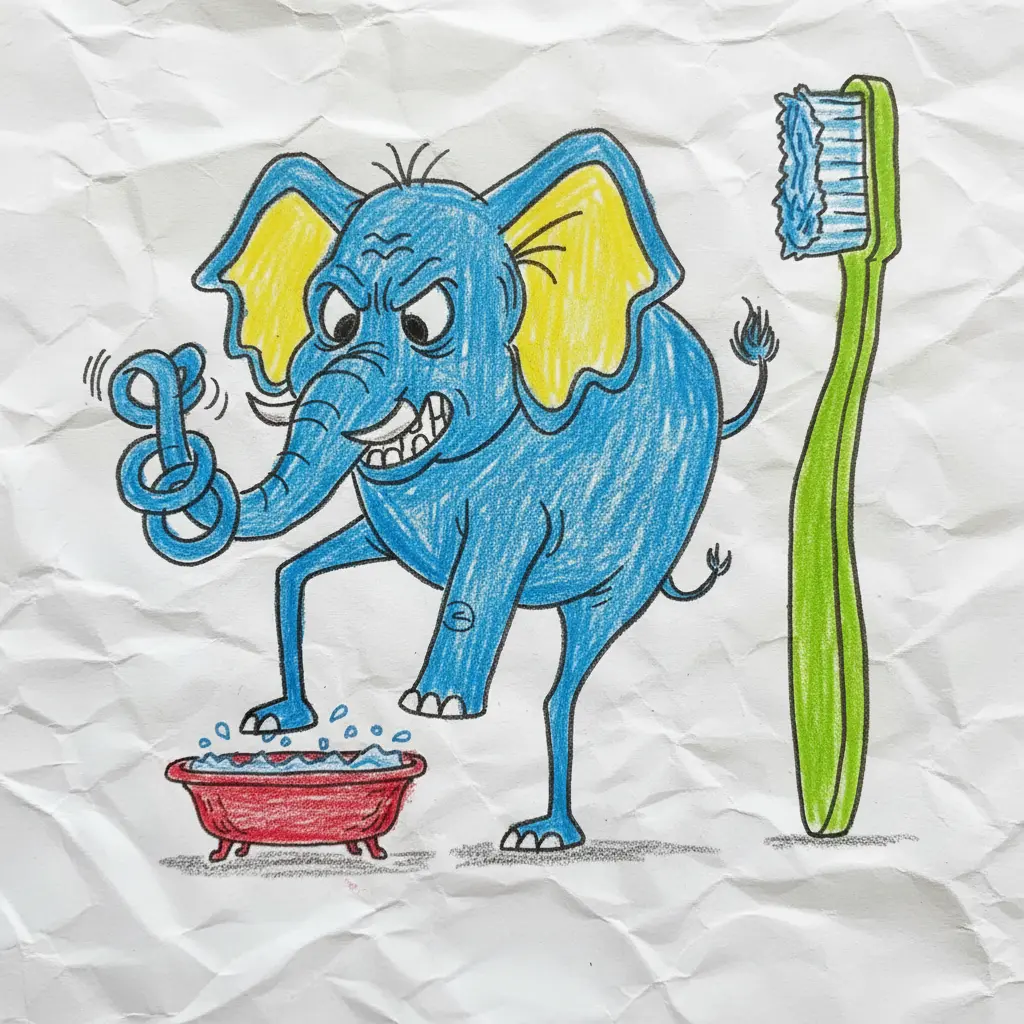 Un elefante azul con orejas amarillas intenta meter una pata gigante en una bañera roja muy pequeña.